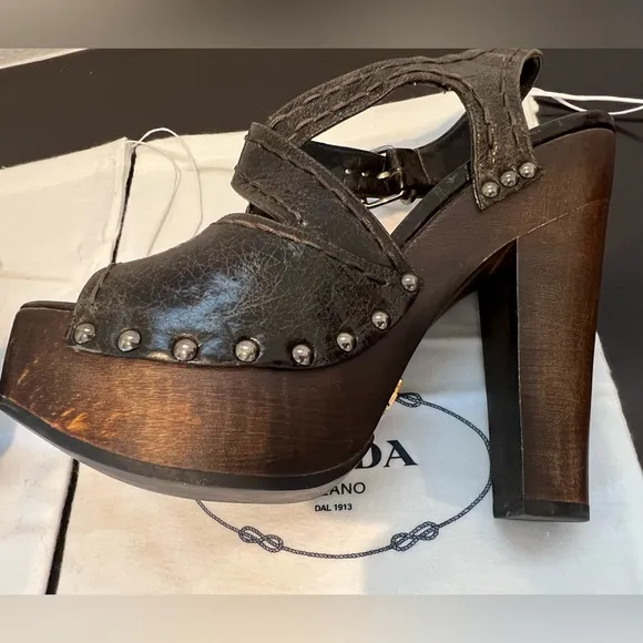 Prada Brown Leather and Wood Platform Clog Sandals 37.5