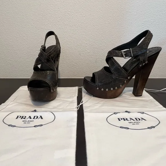 Prada Brown Leather and Wood Platform Clog Sandals 37.5