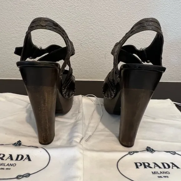 Prada Brown Leather and Wood Platform Clog Sandals 37.5