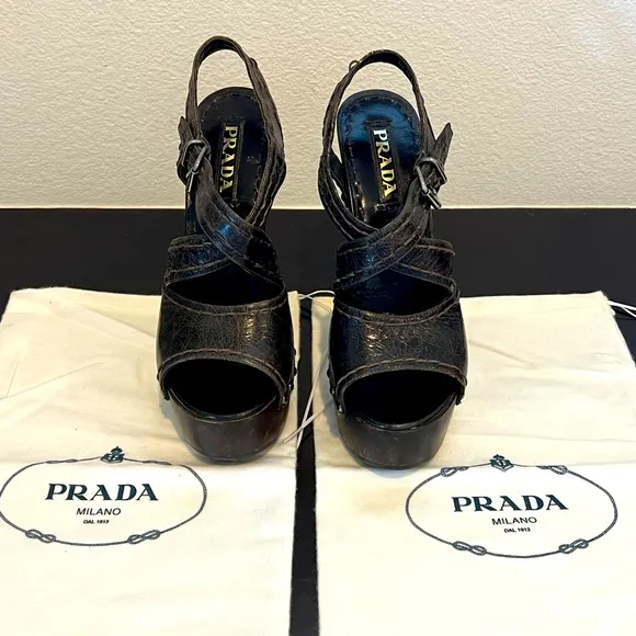 Prada Brown Leather and Wood Platform Clog Sandals 37.5