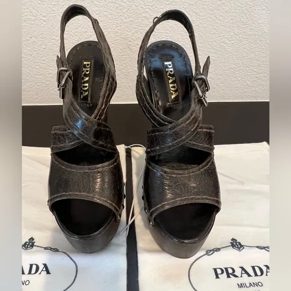 Prada Brown Leather and Wood Platform Clog Sandals 37.5