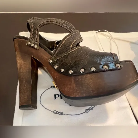 Prada Brown Leather and Wood Platform Clog Sandals 37.5