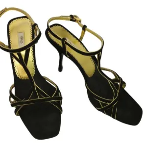 Prada Gold Trim Black Suede Heels 38 Sandals
