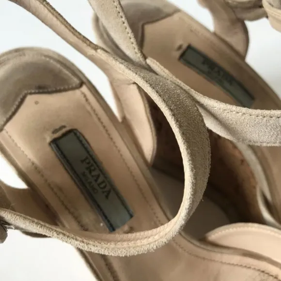 Prada Suede Cork Wedge Pomice Heels Sandals Womens 37 7 Cream Ecru Platform Shoe