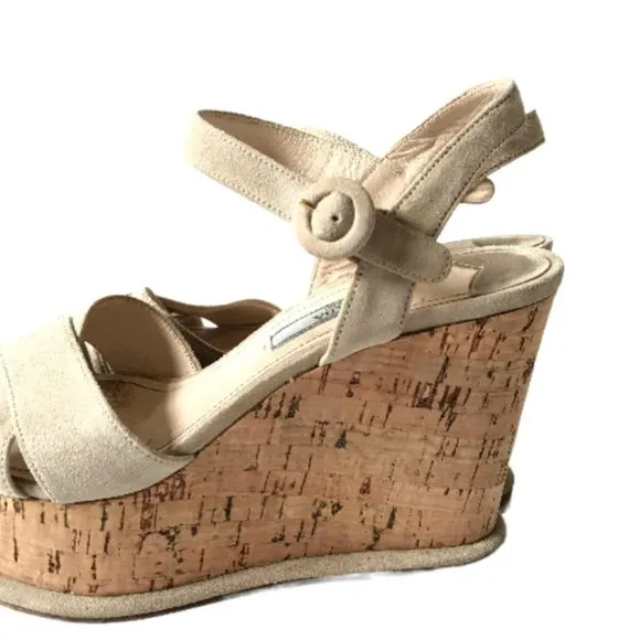Prada Suede Cork Wedge Pomice Heels Sandals Womens 37 7 Cream Ecru Platform Shoe