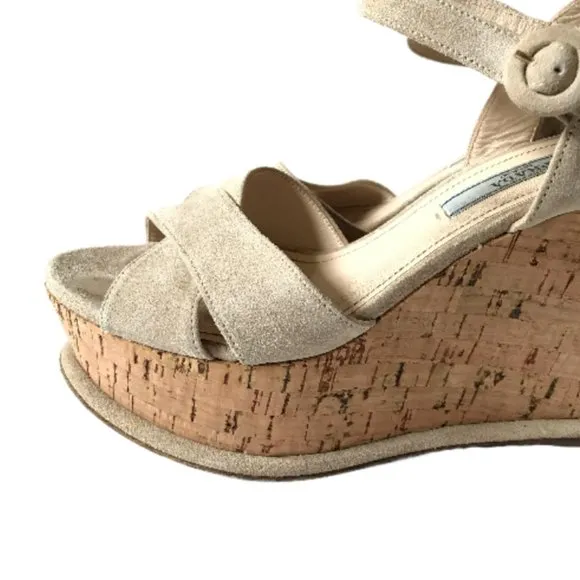 Prada Suede Cork Wedge Pomice Heels Sandals Womens 37 7 Cream Ecru Platform Shoe