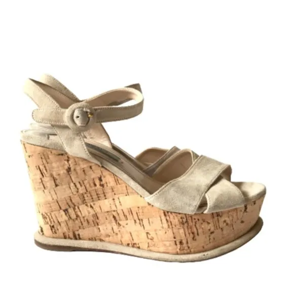 Prada Suede Cork Wedge Pomice Heels Sandals Womens 37 7 Cream Ecru Platform Shoe