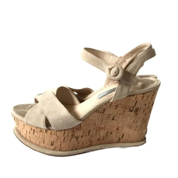 Prada Suede Cork Wedge Pomice Heels Sandals Womens 37 7 Cream Ecru Platform Shoe
