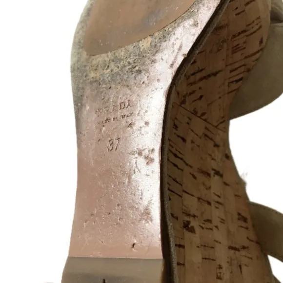 Prada Suede Cork Wedge Pomice Heels Sandals Womens 37 7 Cream Ecru Platform Shoe