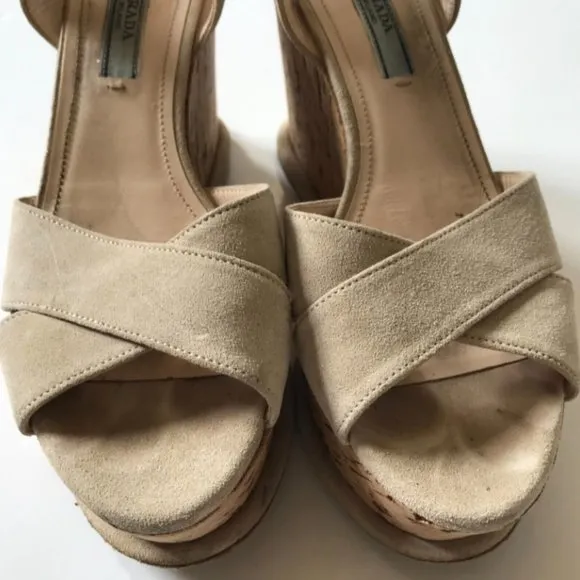 Prada Suede Cork Wedge Pomice Heels Sandals Womens 37 7 Cream Ecru Platform Shoe