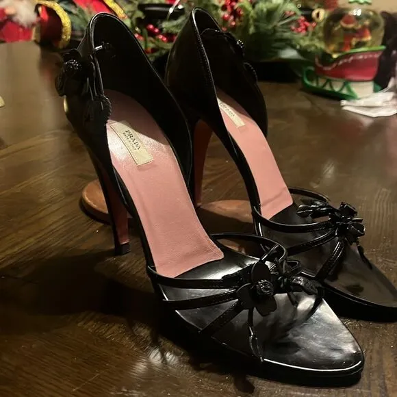 PRADA Vintage Black Leather 3D Floral Heels