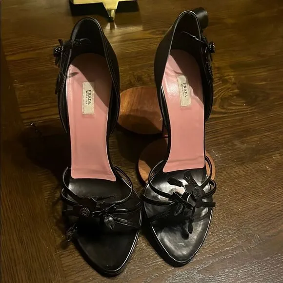 PRADA Vintage Black Leather 3D Floral Heels
