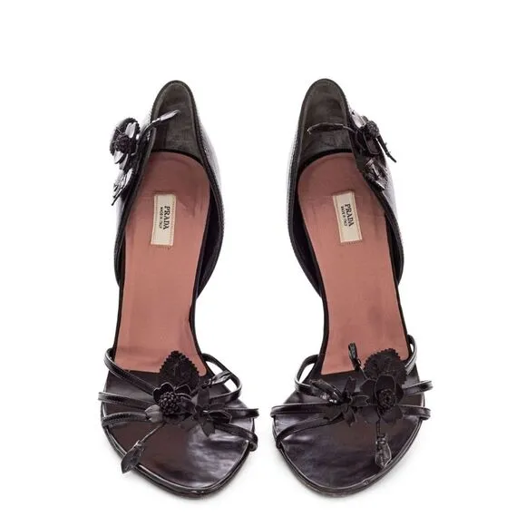 PRADA Vintage Black Leather 3D Floral Heels