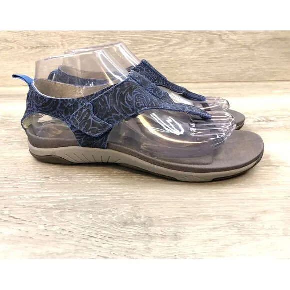 Propet Women's Sandal 7M Blue Floral Slip On  Strap Wedge Slingback Comfort