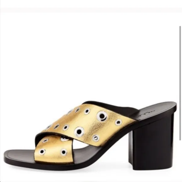 Rag &amp; Bone Gold Leather Grommet Paige Block Heel Slide sandals  👡 Sz 8.5 $495