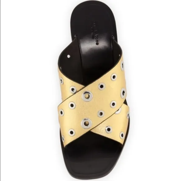 Rag &amp; Bone Gold Leather Grommet Paige Block Heel Slide sandals  👡 Sz 8.5 $495