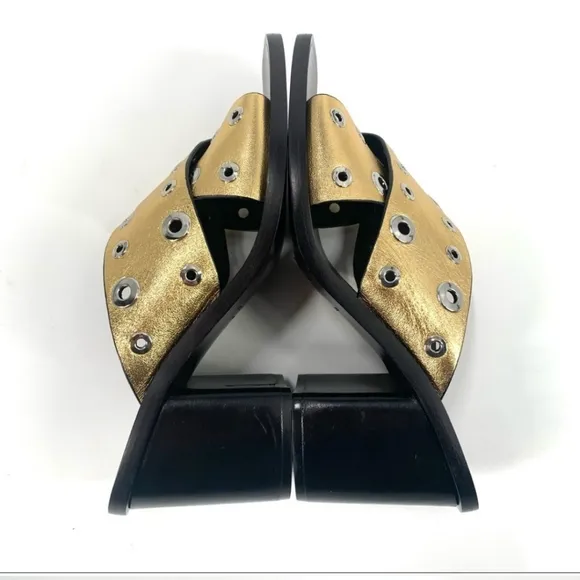 Rag &amp; Bone Gold Leather Grommet Paige Block Heel Slide sandals  👡 Sz 8.5 $495