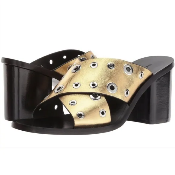 Rag &amp; Bone Gold Leather Grommet Paige Block Heel Slide sandals  👡 Sz 8.5 $495