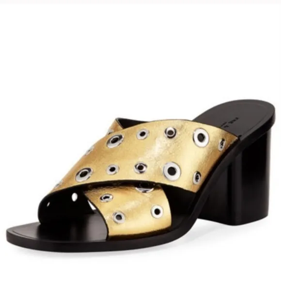Rag &amp; Bone Gold Leather Grommet Paige Block Heel Slide sandals  👡 Sz 8.5 $495