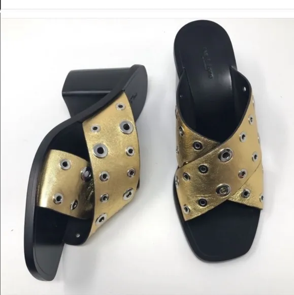 Rag &amp; Bone Gold Leather Grommet Paige Block Heel Slide sandals  👡 Sz 8.5 $495