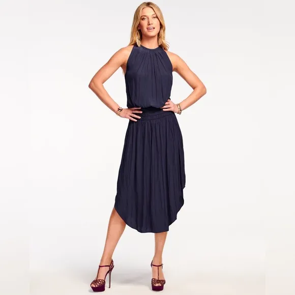 Ramy Brook Audrey Smocked Midi Dress, Small, Navy, $425