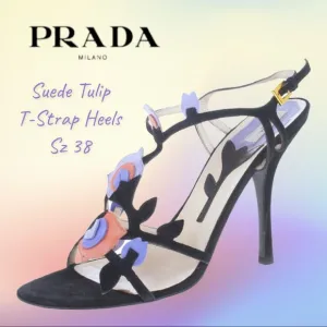 Rare PRADA Suede Black Purple &amp; Pink Tulip T Strap Heels/Pumps Sz 38