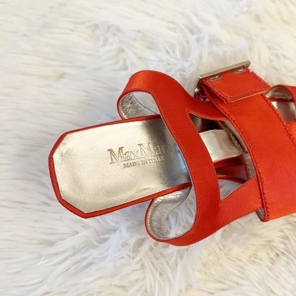 RARE VINTAGE MaxMara Red Satin Ankle Cuff Stap Buckle Sandals Heels women Sz 38