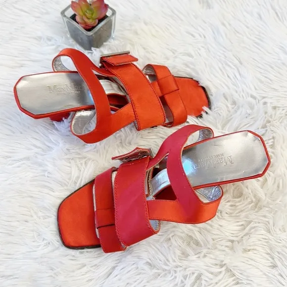 RARE VINTAGE MaxMara Red Satin Ankle Cuff Stap Buckle Sandals Heels women Sz 38