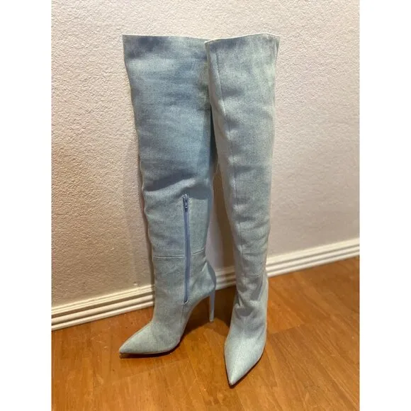 RAYE Womens Benita Jean Knee High Boots in Denim Blue 6 New High Heels