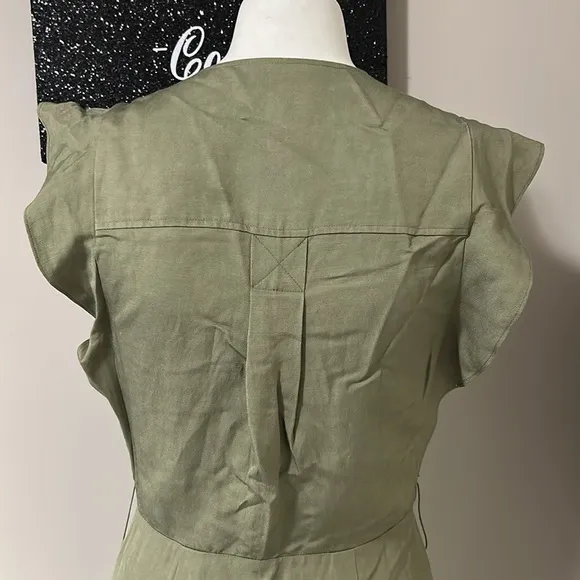 Reiss Emma Plunge Midi Dress in Olive Green Lightweight Linen Vneck Sz 4 NEW