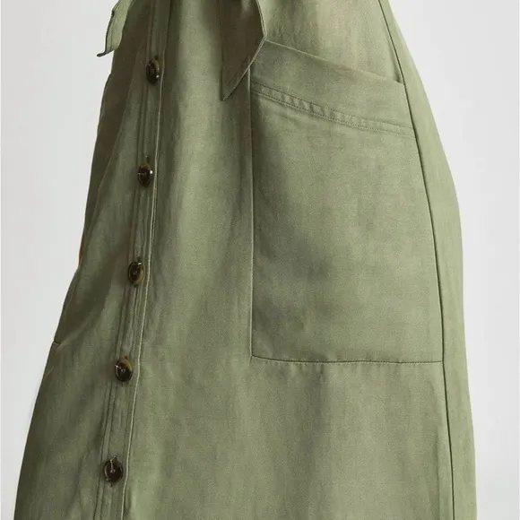 Reiss Emma Plunge Midi Dress in Olive Green Lightweight Linen Vneck Sz 4 NEW