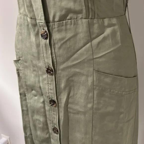 Reiss Emma Plunge Midi Dress in Olive Green Lightweight Linen Vneck Sz 4 NEW
