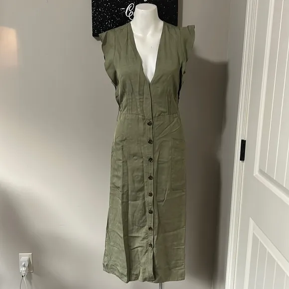 Reiss Emma Plunge Midi Dress in Olive Green Lightweight Linen Vneck Sz 4 NEW