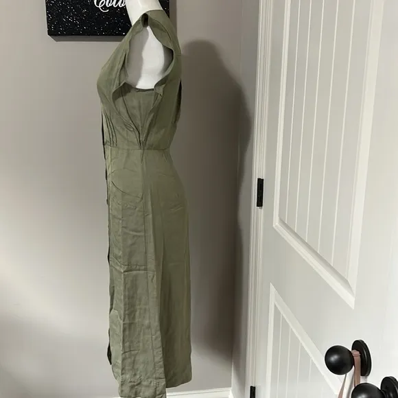 Reiss Emma Plunge Midi Dress in Olive Green Lightweight Linen Vneck Sz 4 NEW