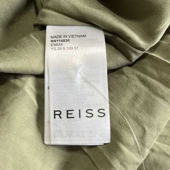 Reiss Emma Plunge Midi Dress in Olive Green Lightweight Linen Vneck Sz 4 NEW
