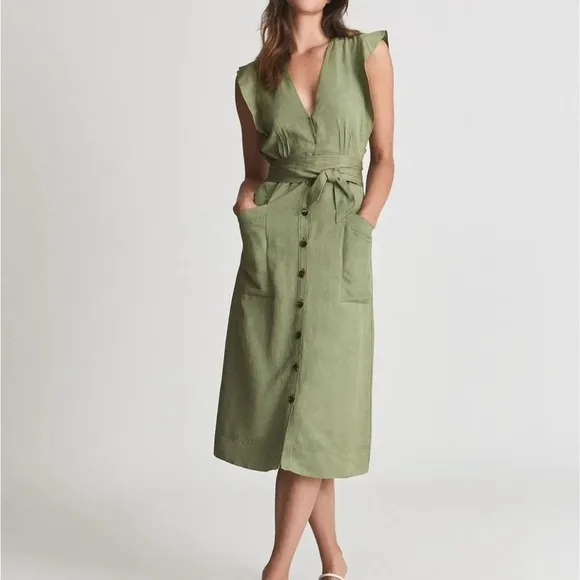 Reiss Emma Plunge Midi Dress in Olive Green Lightweight Linen Vneck Sz 4 NEW