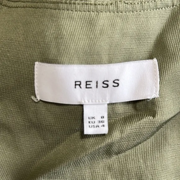 Reiss Emma Plunge Midi Dress in Olive Green Lightweight Linen Vneck Sz 4 NEW