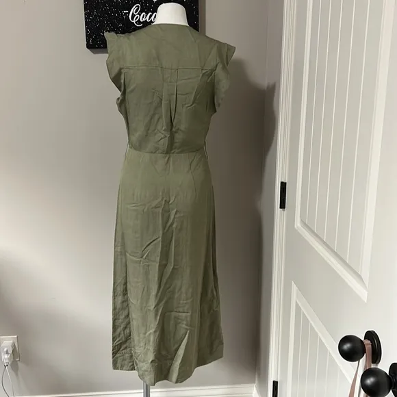 Reiss Emma Plunge Midi Dress in Olive Green Lightweight Linen Vneck Sz 4 NEW