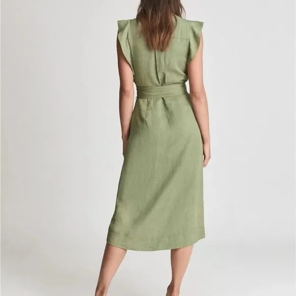 Reiss Emma Plunge Midi Dress in Olive Green Lightweight Linen Vneck Sz 4 NEW