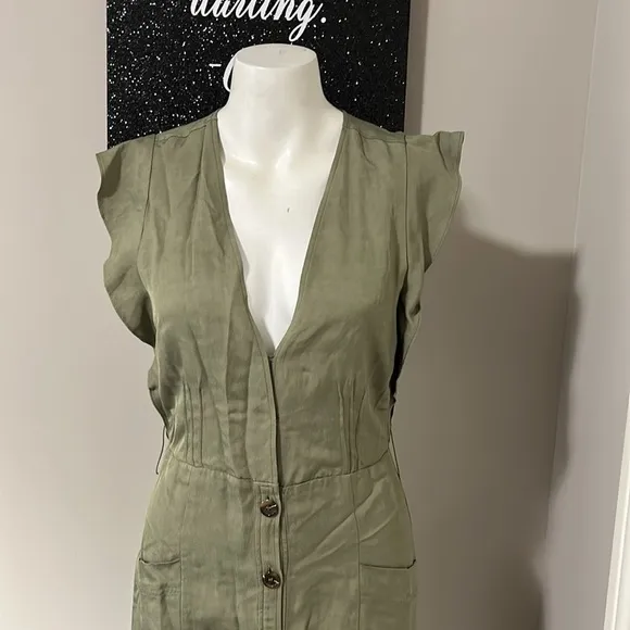 Reiss Emma Plunge Midi Dress in Olive Green Lightweight Linen Vneck Sz 4 NEW