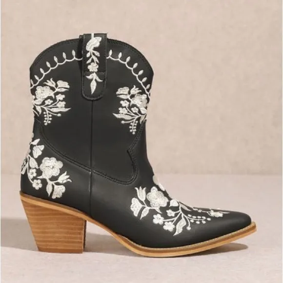 Restock MIIM CAROLINE Black Fx Leather Embroidered Western Heeled Cowboy Boots