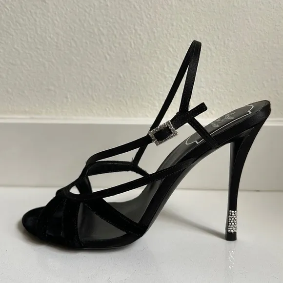 Roger Vivier Paris black velvet/satin strappy heels with crystal embellishments
