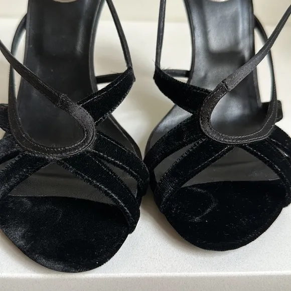 Roger Vivier Paris black velvet/satin strappy heels with crystal embellishments