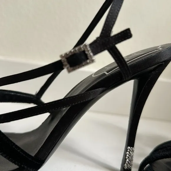 Roger Vivier Paris black velvet/satin strappy heels with crystal embellishments