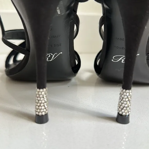 Roger Vivier Paris black velvet/satin strappy heels with crystal embellishments