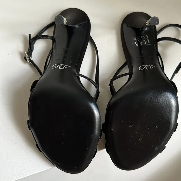 Roger Vivier Paris black velvet/satin strappy heels with crystal embellishments