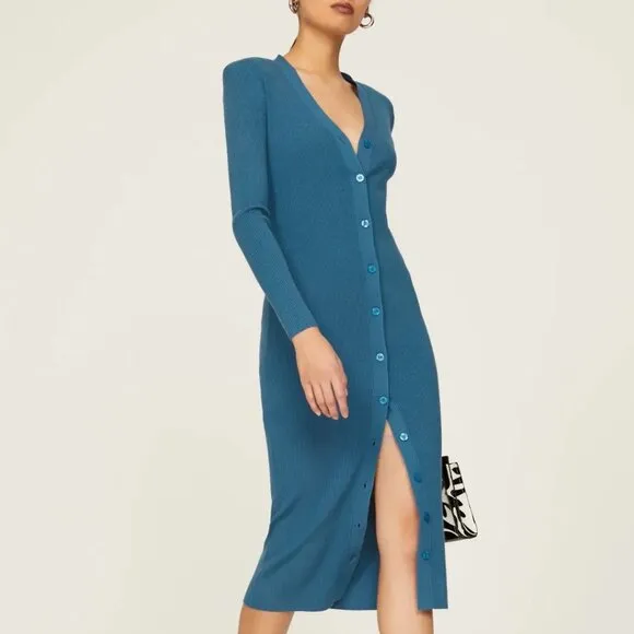 Ronny Kobo Collective Ribbed Button Front‎ Vianne Knit Dress Teal  XL