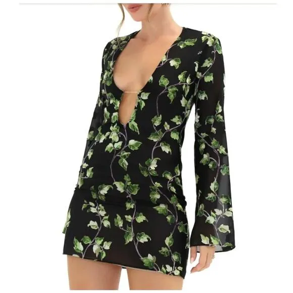 Rumored Sterling Mini Dress Sheer Flare Sleeves Plunge Dark Fairy Witchy Medium