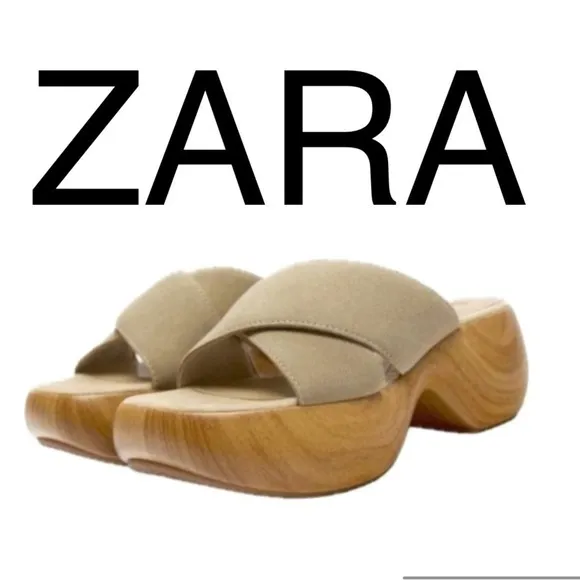 (S3)ZARA Leather Chunky Wood‎ Heel Suede Sandal Sizes 9(1),10(1) NWT
