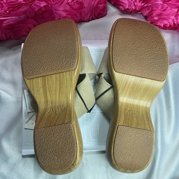 (S3)ZARA Leather Chunky Wood‎ Heel Suede Sandal Sizes 9(1),10(1) NWT